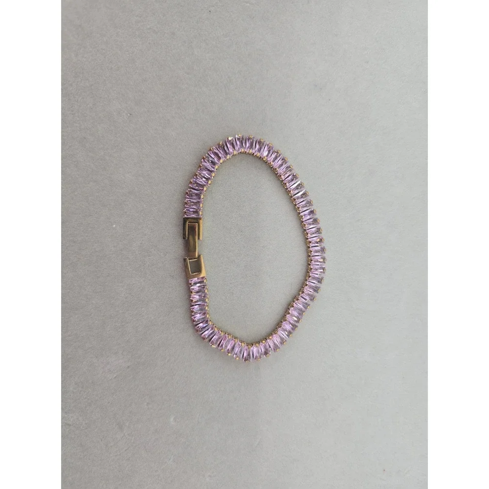 Tennis Bracelet Women 6.75 Baguette Pink Crystal Gold Tone Elegant EUC